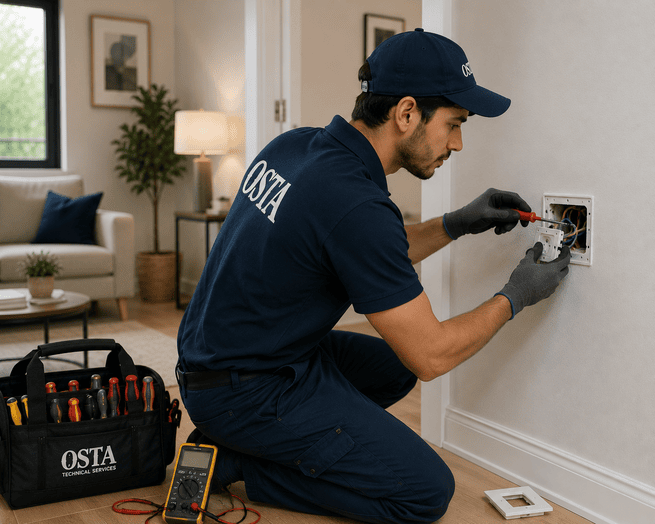 OSTA offers fast emergency electrical repair services for urgent issues such as power failures, short circuits, and sudden electrical breakdowns. Our team is ready to respond quickly across the UAE to restore safety and power to your property at any time. تقدم اسطا خدمات تصليح كهرباء طارئة وسريعة للمشاكل العاجلة مثل انقطاع الكهرباء، والتماسات الكهربائية، والأعطال المفاجئة. فريقنا جاهز للاستجابة السريعة في جميع أنحاء الإمارات لإعادة الكهرباء والسلامة إلى ممتلكاتك في أي وقت.